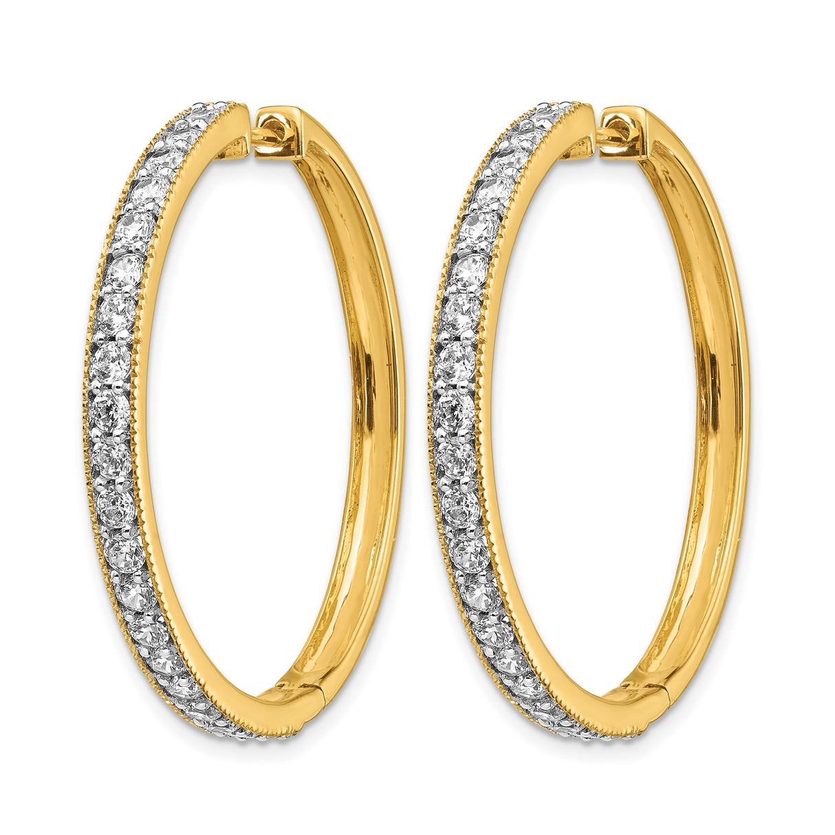 14k Yellow Gold Hoop Earrings with Round Cut Diamonds, Channel Set, Polished Finish, Medium Size