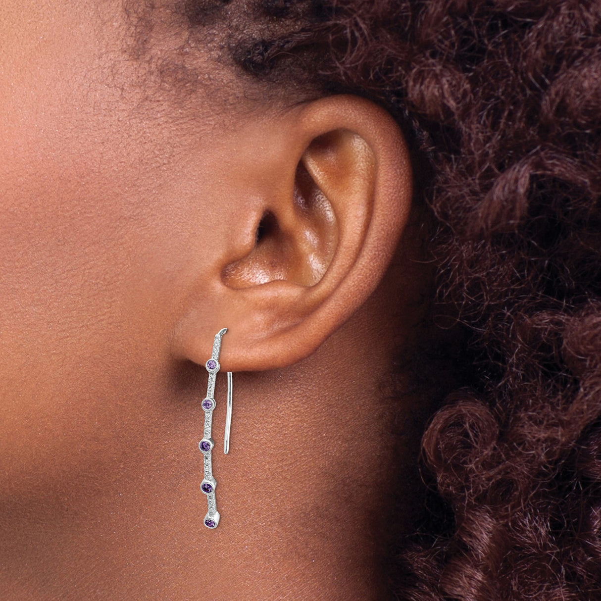 14k White Gold Threader Earrings with Amethyst Drops, Linear Modern Design for Women
