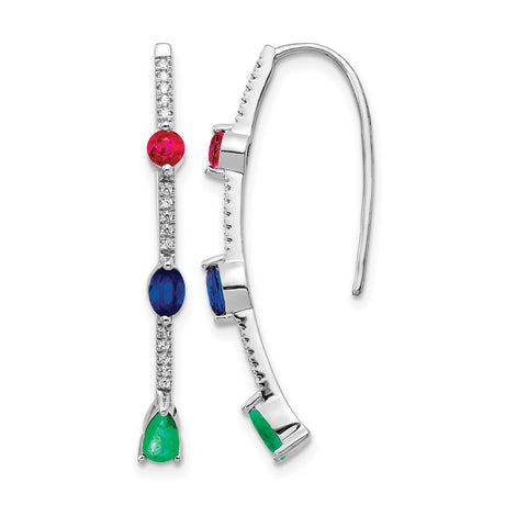14k White Gold Linear Drop Earrings with Ruby, Emerald, Sapphire and Diamond Accents