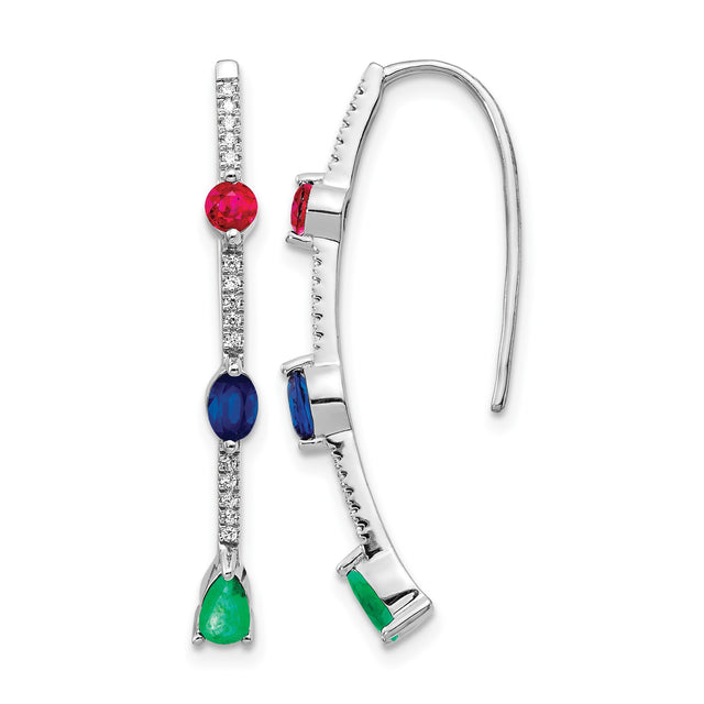 14k White Gold Linear Drop Earrings with Ruby, Emerald, Sapphire and Diamond Accents