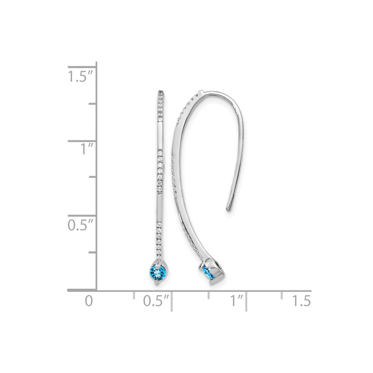 14k White Gold Threader Earrings with Swiss Blue Topaz and Diamond, Curved Modern Dangle Style