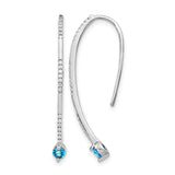 14k White Gold Threader Earrings with Swiss Blue Topaz and Diamond, Curved Modern Dangle Style