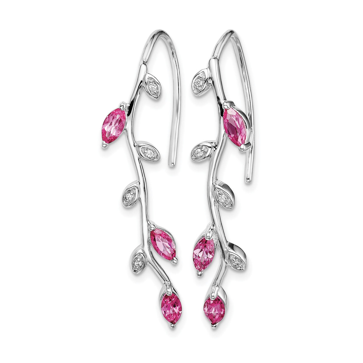 14k White Gold Vine Drop Earrings with Pink Sapphire, Diamond Accents, Leaf Motif