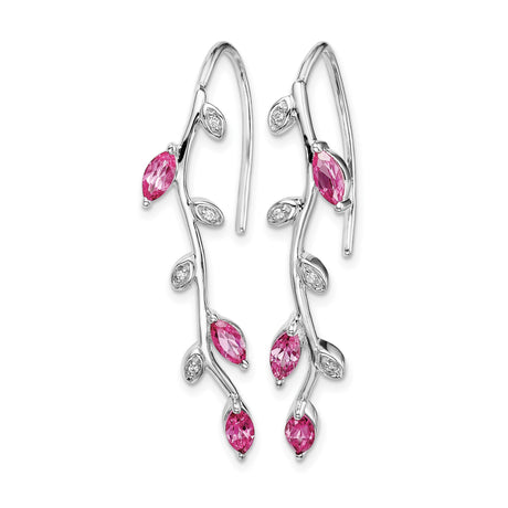 14k White Gold Vine Drop Earrings with Pink Sapphire, Diamond Accents, Leaf Motif