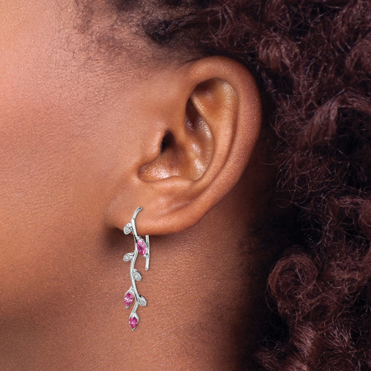 14k White Gold Vine Drop Earrings with Pink Sapphire, Diamond Accents, Leaf Motif