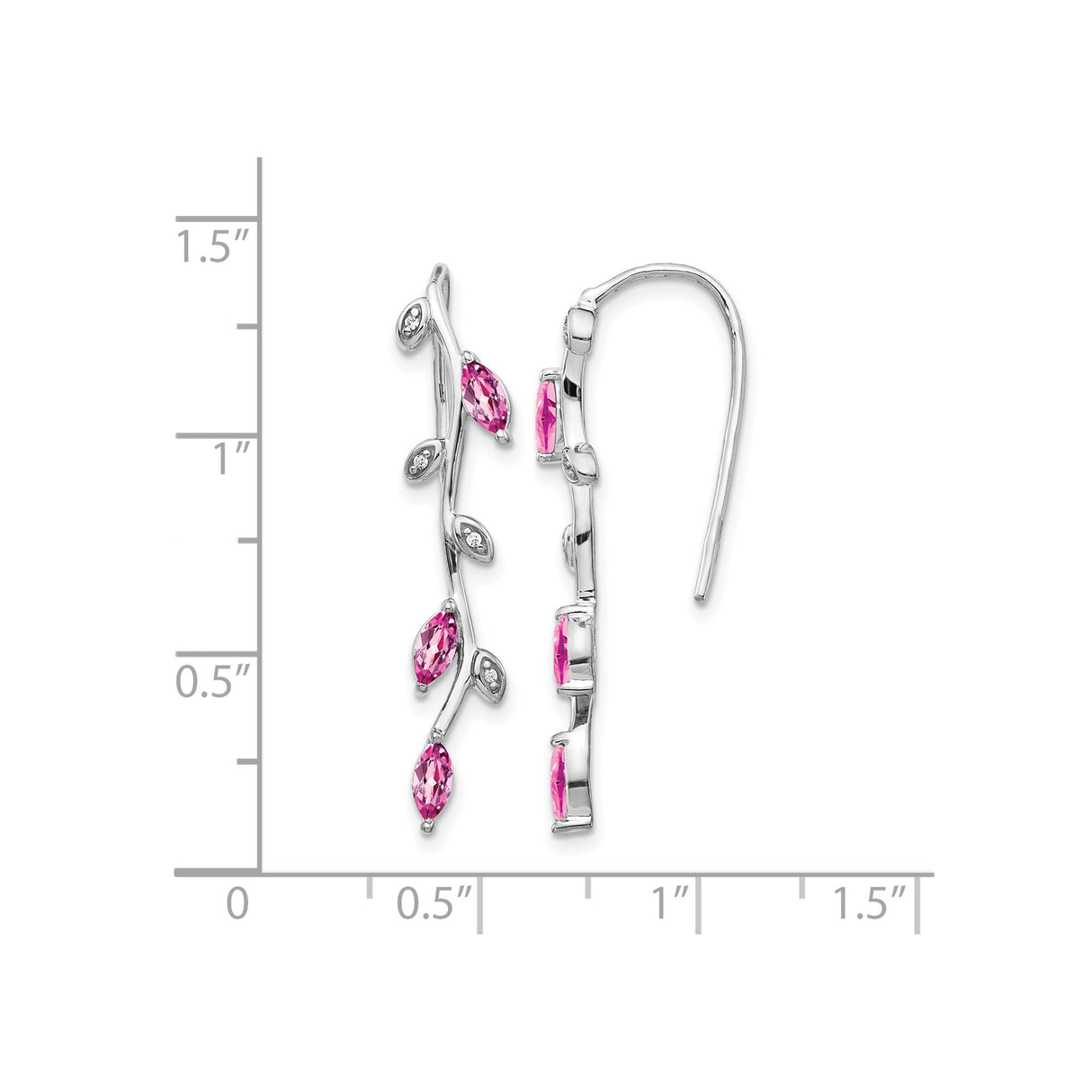 14k White Gold Vine Drop Earrings with Pink Sapphire, Diamond Accents, Leaf Motif