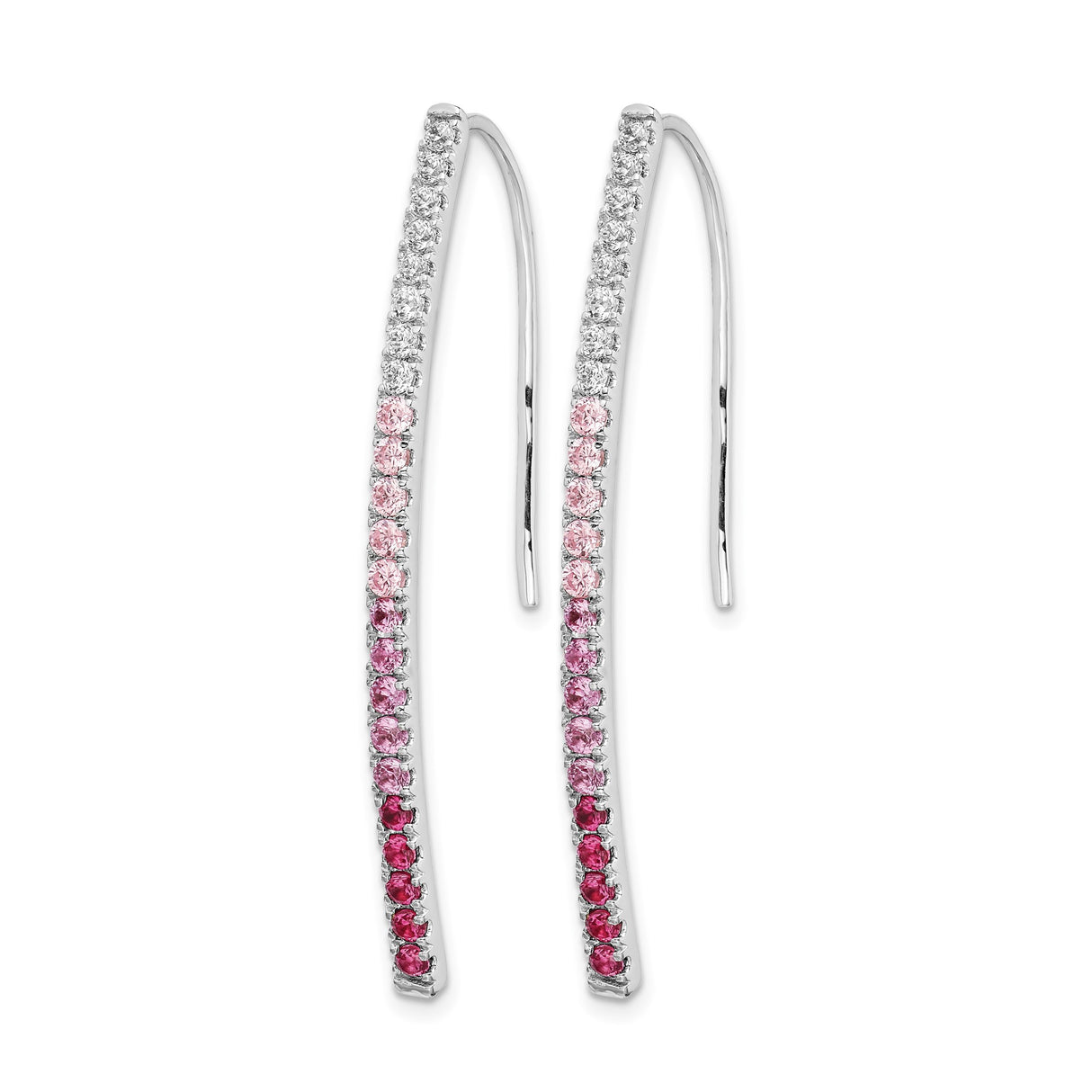 14k White Gold Threader Earrings with Pink and White Sapphire, Long Linear Drop Design
