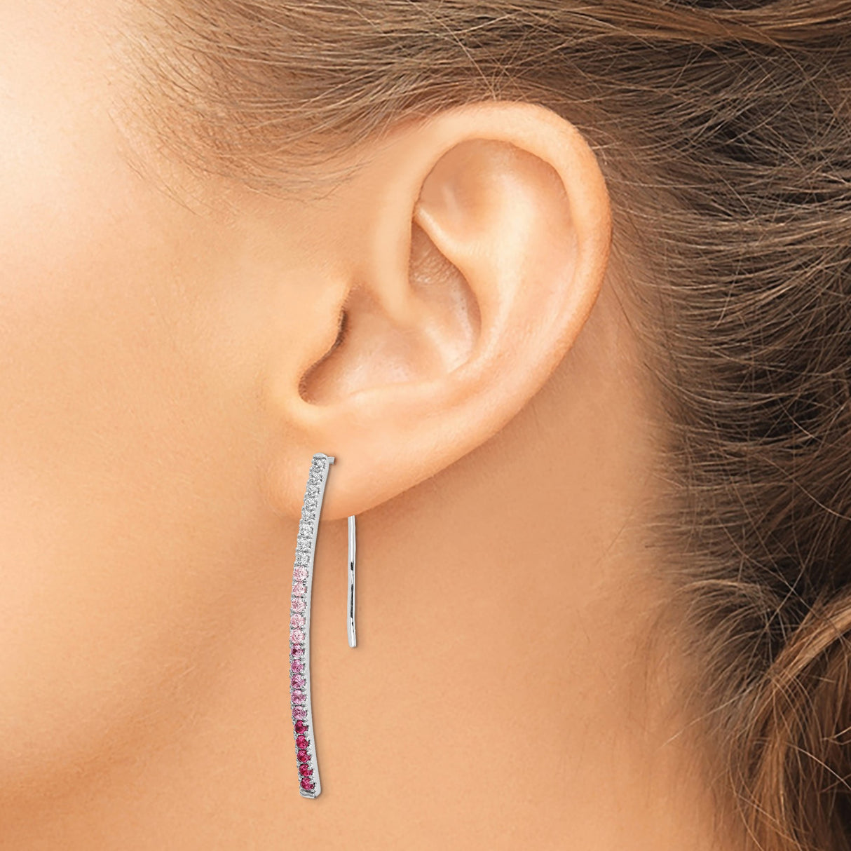 14k White Gold Threader Earrings with Pink and White Sapphire, Long Linear Drop Design