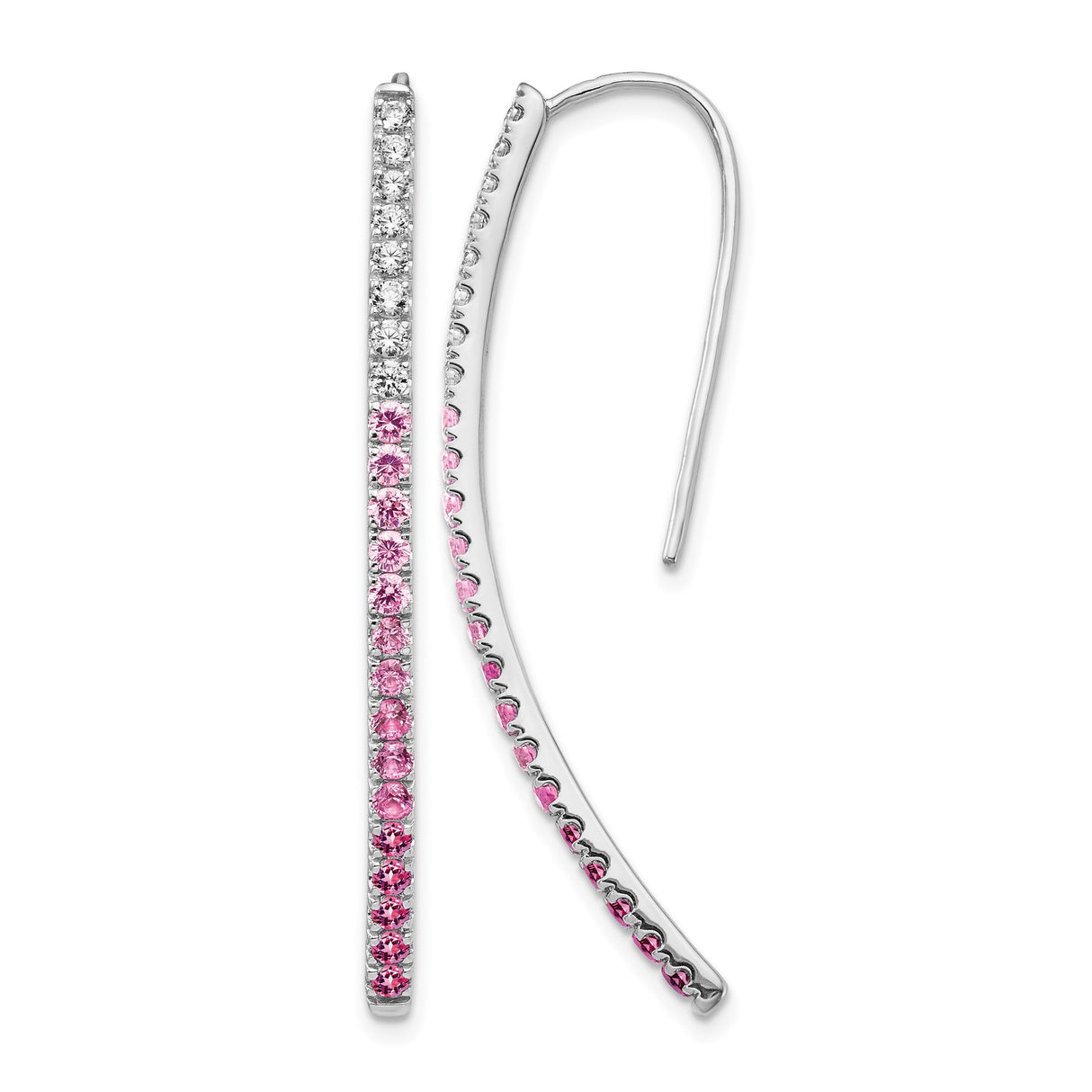 14k White Gold Threader Earrings with Pink and White Sapphire, Long Linear Drop Design