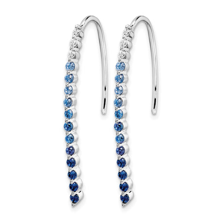 14k White Gold Threader Earrings with Blue and White Sapphires, Gradient Linear Drop Design