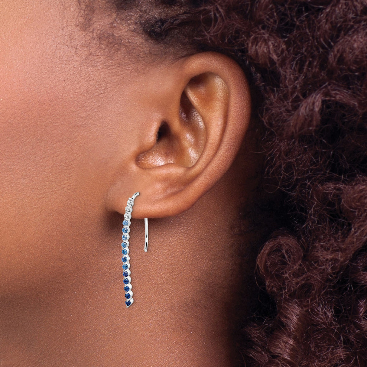 14k White Gold Threader Earrings with Blue and White Sapphires, Gradient Linear Drop Design