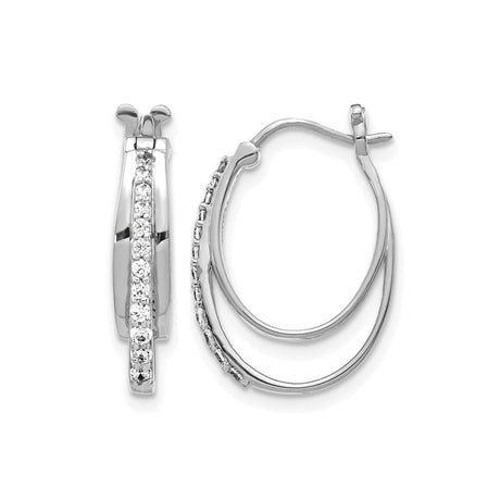 10k White Gold Hoop Earrings with Double Row Design, Round Cut Diamonds, Classic Style