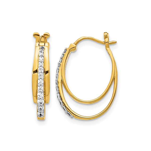 10k Yellow Gold Oval Hoop Earrings with Polished Finish and White Stone Accents