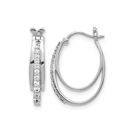 14k White Gold Oval Hoop Earrings with Round-Cut Diamonds, Modern Double Hoop Design