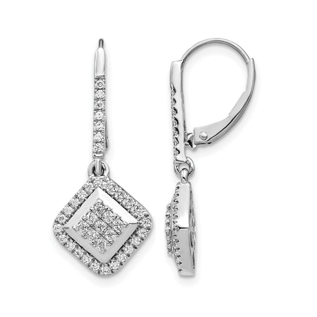 14k White Gold Drop Earrings with Diamond Cluster and Halo Accents