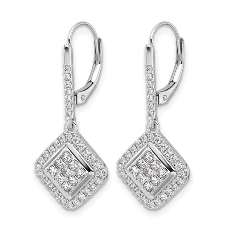 14k White Gold Diamond Drop Earrings with Square Halo and Princess Cut Cluster
