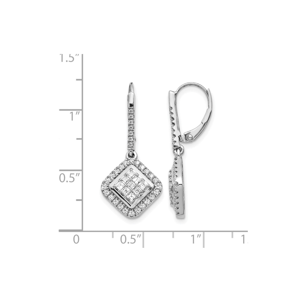 14k White Gold Diamond Drop Earrings with Square Halo and Princess Cut Cluster