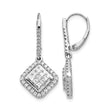 14k White Gold Diamond Drop Earrings with Square Halo and Princess Cut Cluster