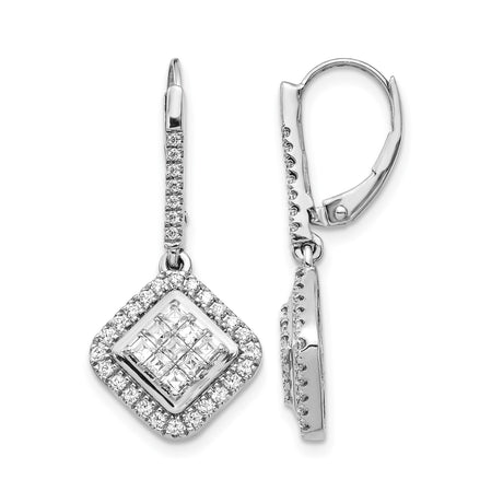 14k White Gold Diamond Drop Earrings with Square Halo and Princess Cut Cluster