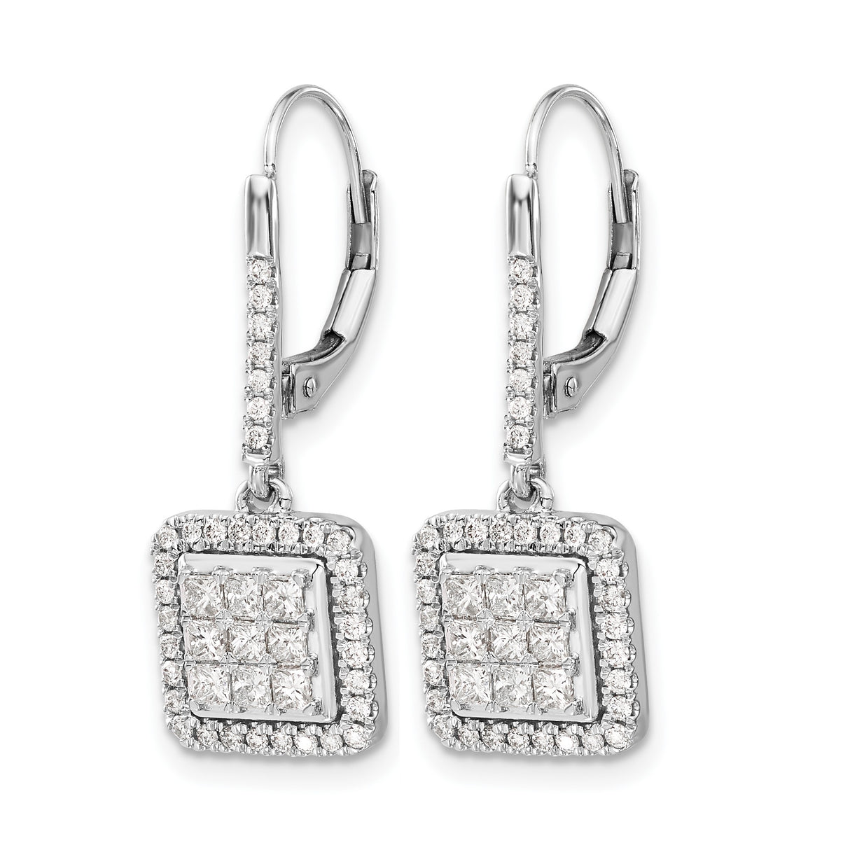 14k White Gold Diamond Drop Earrings with Square Cluster and Halo Design