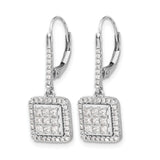 14k White Gold Diamond Drop Earrings with Square Cluster and Halo Design