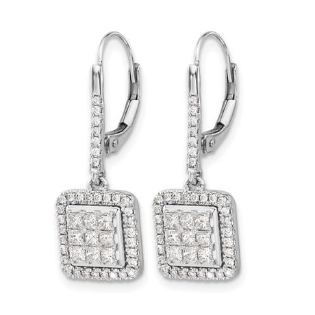 14k White Gold Diamond Drop Earrings with Square Cluster and Halo Design