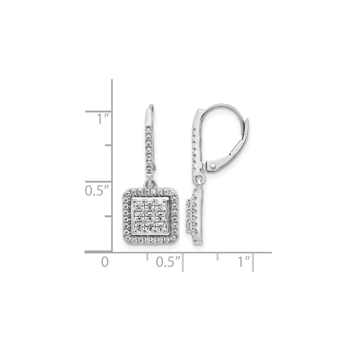 14k White Gold Diamond Drop Earrings with Square Cluster and Halo Design