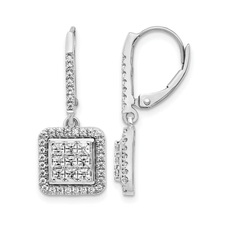 14k White Gold Diamond Drop Earrings with Square Cluster and Halo Design