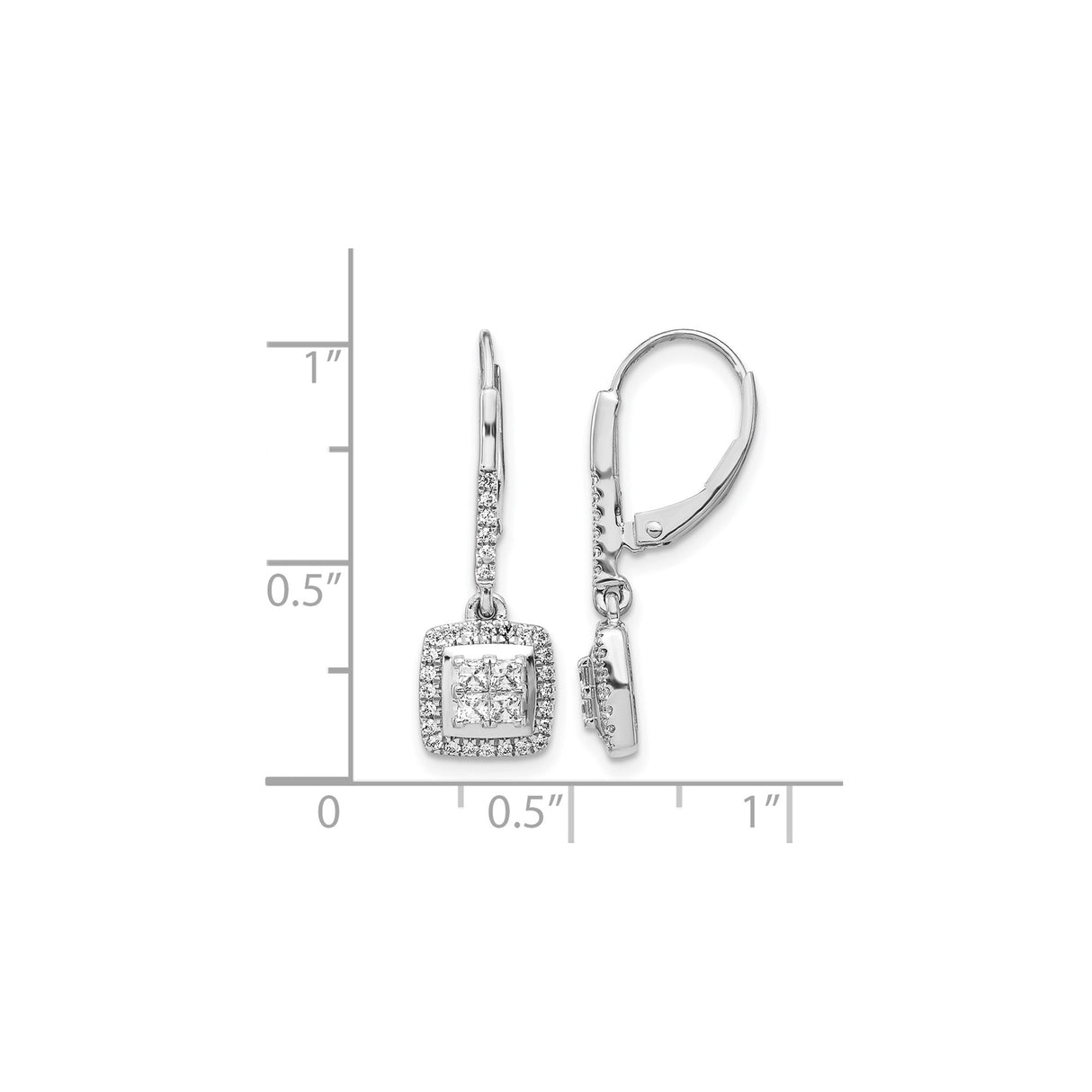 14k White Gold Leverback Earrings with Diamond Cluster Drops and Square Halo Design