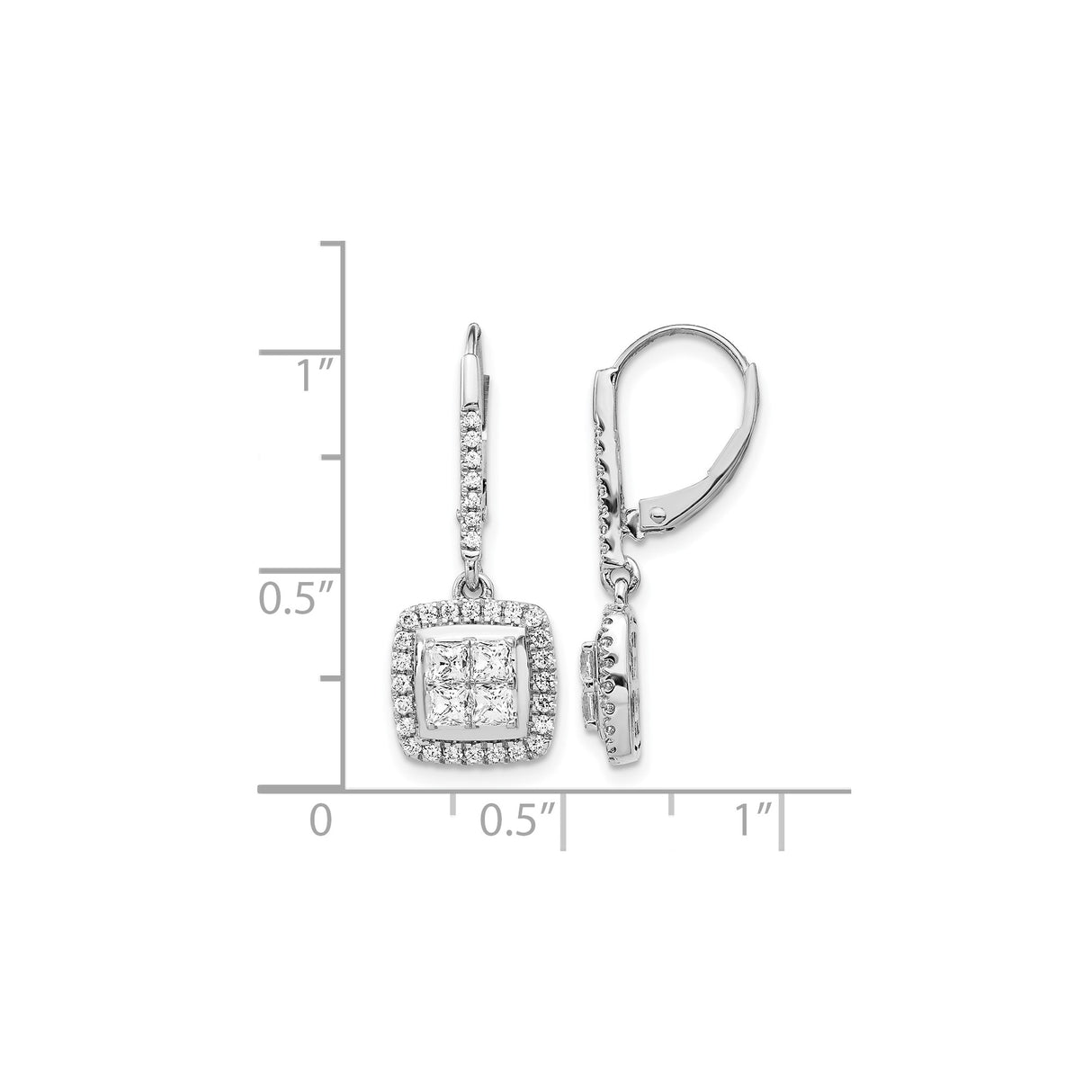 14k White Gold Dangle Earrings with Diamond Halo Clusters and Pave Leverback Design