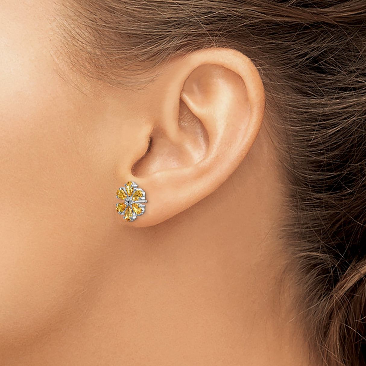 14k White Gold Flower Stud Earrings with Pear Shaped Citrine and Diamond Accent