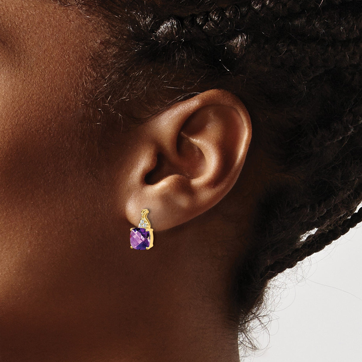 10k Yellow Gold Stud Earrings with Cushion Cut Amethyst and Diamond Accents for Women