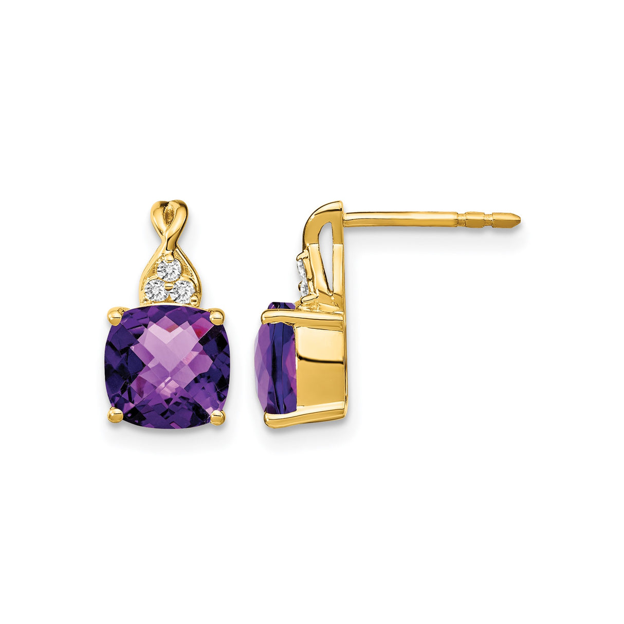 14k Yellow Gold Amethyst Stud Earrings with Cushion Cut Gemstones and Diamond Accents