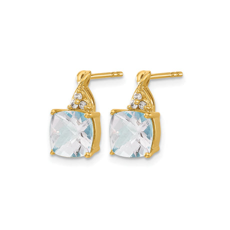 10k Yellow Gold Stud Earrings with Cushion Cut Aquamarine and Diamond Accents