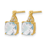 10k Yellow Gold Stud Earrings with Cushion Cut Aquamarine and Diamond Accents