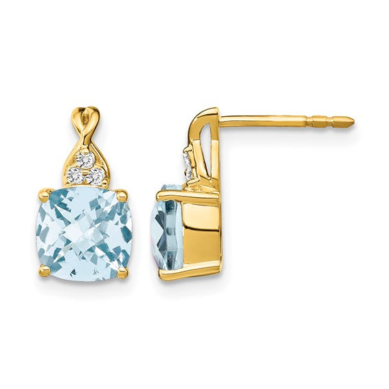 10k Yellow Gold Stud Earrings with Cushion Cut Aquamarine and Diamond Accents