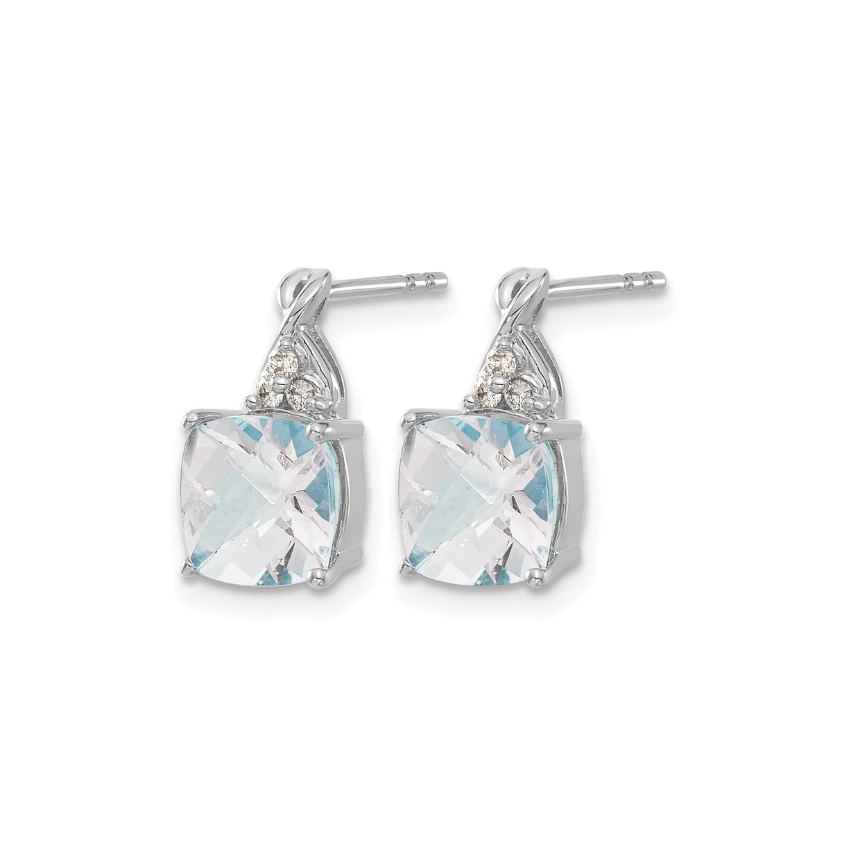 14k White Gold Stud Earrings with Cushion Cut Aquamarine and Diamond Accents