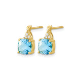 10k Yellow Gold Blue Topaz and Diamond Stud Earrings, Cushion Cut, Prong Set, Polished Finish