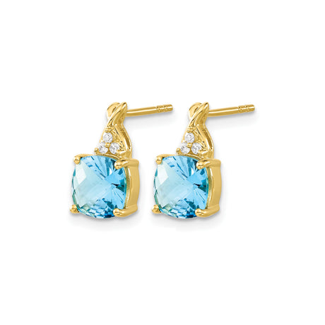 10k Yellow Gold Blue Topaz and Diamond Stud Earrings, Cushion Cut, Prong Set, Polished Finish