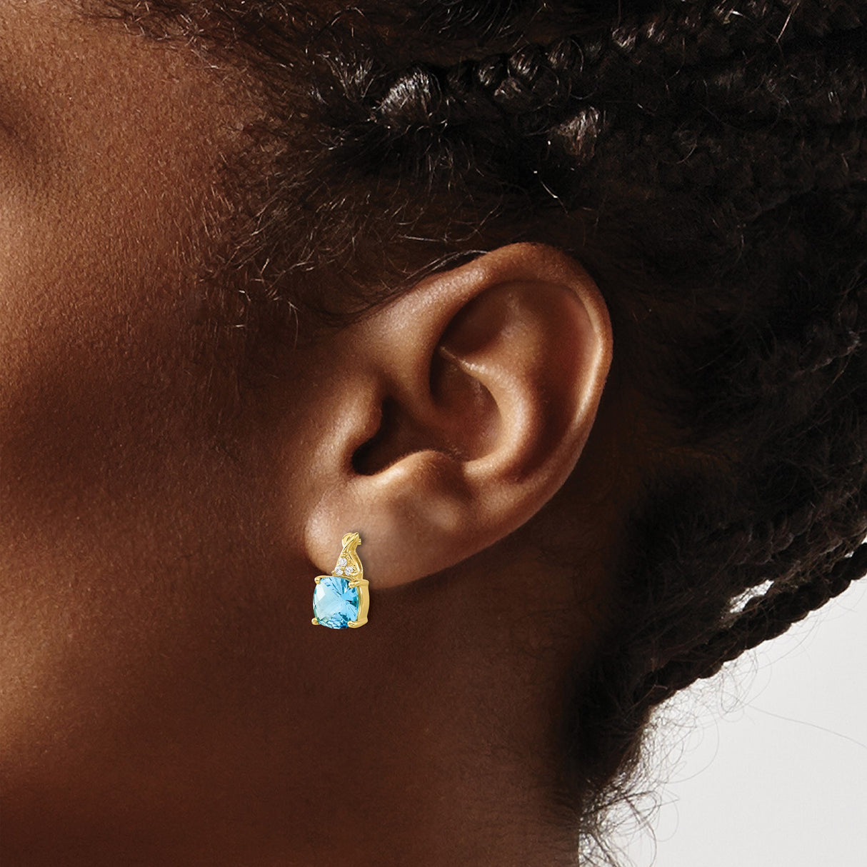 10k Yellow Gold Blue Topaz and Diamond Stud Earrings, Cushion Cut, Prong Set, Polished Finish