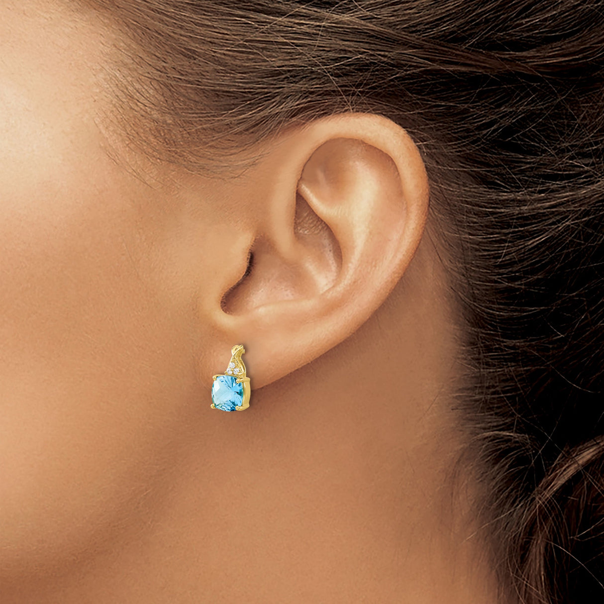 14k Yellow Gold Stud Earrings with Swiss Blue Topaz and Diamond Accents, Twisted Detail, 6mm