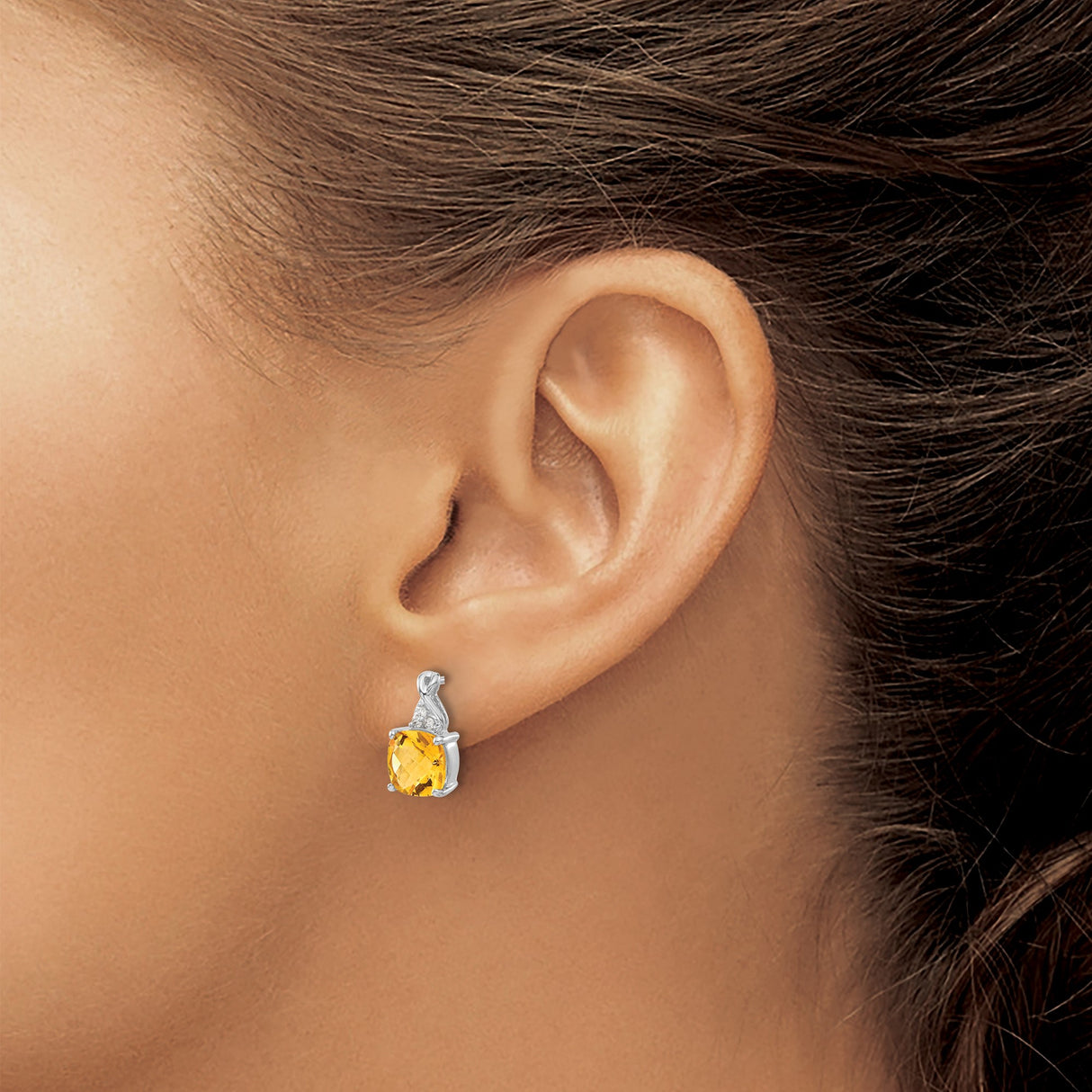 14k White Gold Stud Earrings with Cushion Cut Citrine and Diamond Accents, Modern Minimalist Design