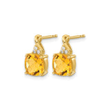 14k Yellow Gold Stud Earrings with Cushion Cut Citrine and Diamond Accent Stones