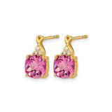 14k Yellow Gold Stud Earrings with Cushion Cut Created Sapphire and Diamond Accents