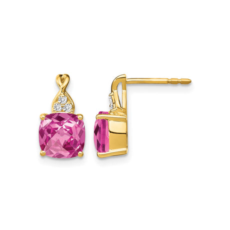 14k Yellow Gold Stud Earrings with Cushion Cut Created Sapphire and Diamond Accents
