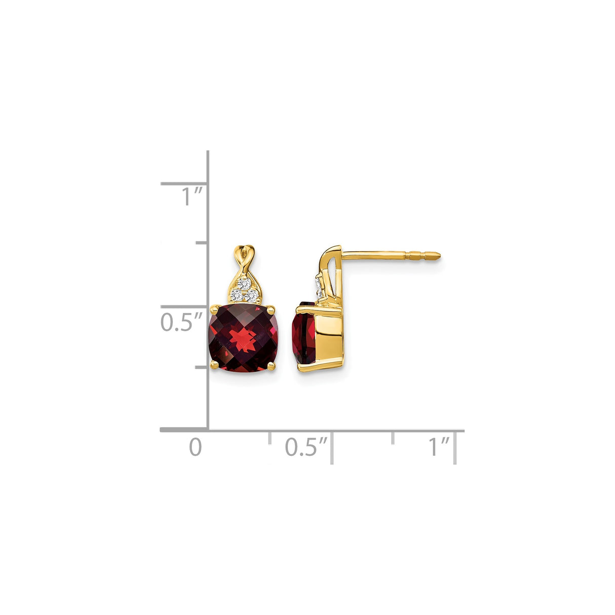 10k Yellow Gold Garnet Stud Earrings with Diamond Accents, Cushion Cut, January Birthstone