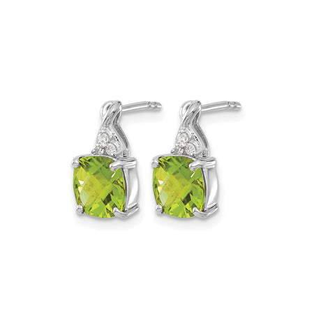 14k White Gold Stud Earrings with Cushion Cut Peridot and Diamond Accents