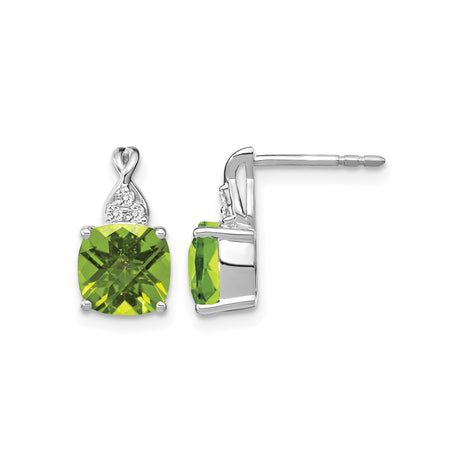 14k White Gold Stud Earrings with Cushion Cut Peridot and Diamond Accents