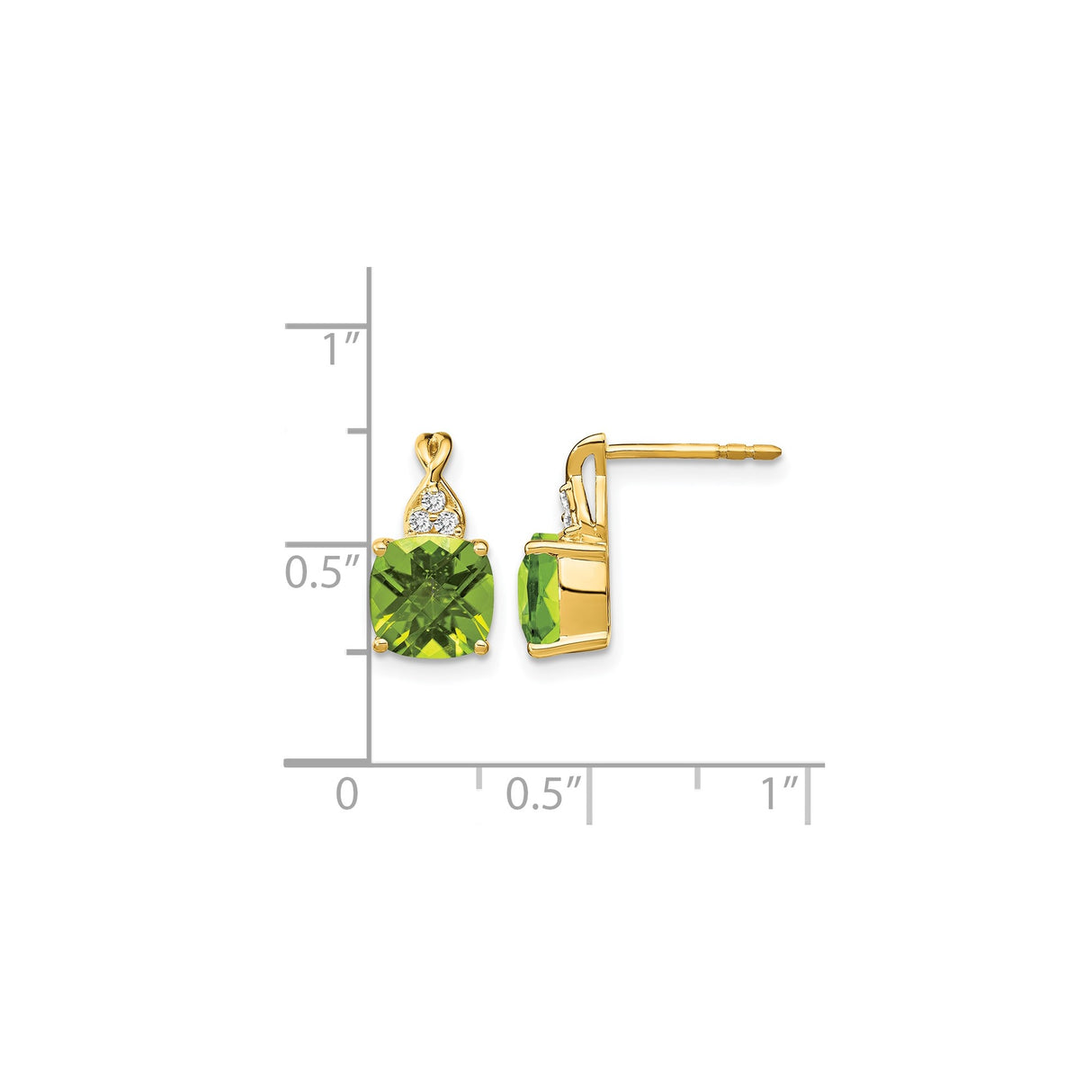 14k Yellow Gold Stud Earrings with Cushion Cut Peridot and Diamond Accents