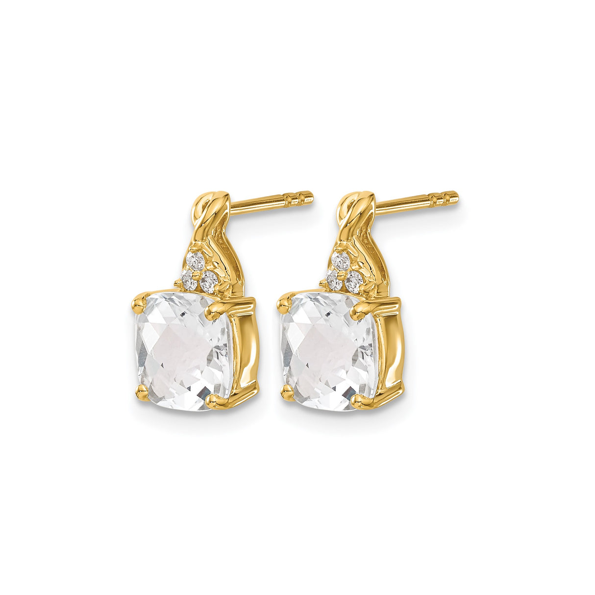 10k Yellow Gold Stud Earrings with Cushion Cut White Topaz and Diamond Accents, Twist Design
